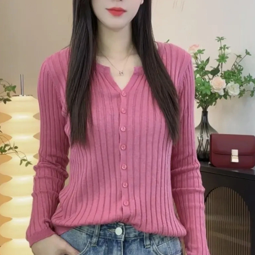 洋气针织打底衫显瘦百搭2025秋冬新款纯色坑条修身毛衣开衫外套