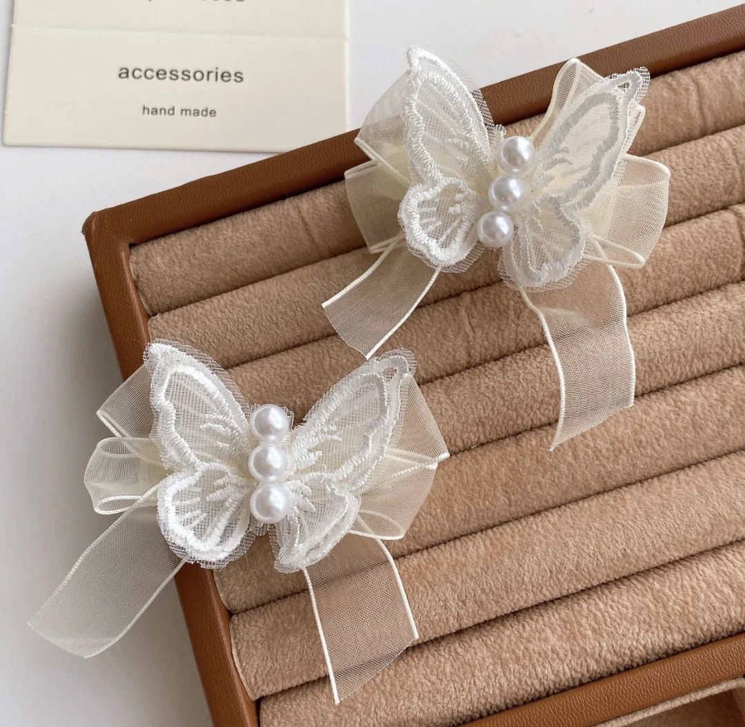 超仙白色蕾丝珠珠蝴蝶温柔森系发夹氛围网红拍照甜美可爱少女配饰