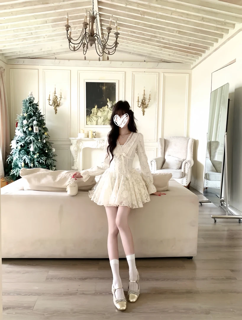 【天使之翼】秋冬新款法式纯欲蕾丝甜美连衣裙收腰千金风生日蓬蓬裙