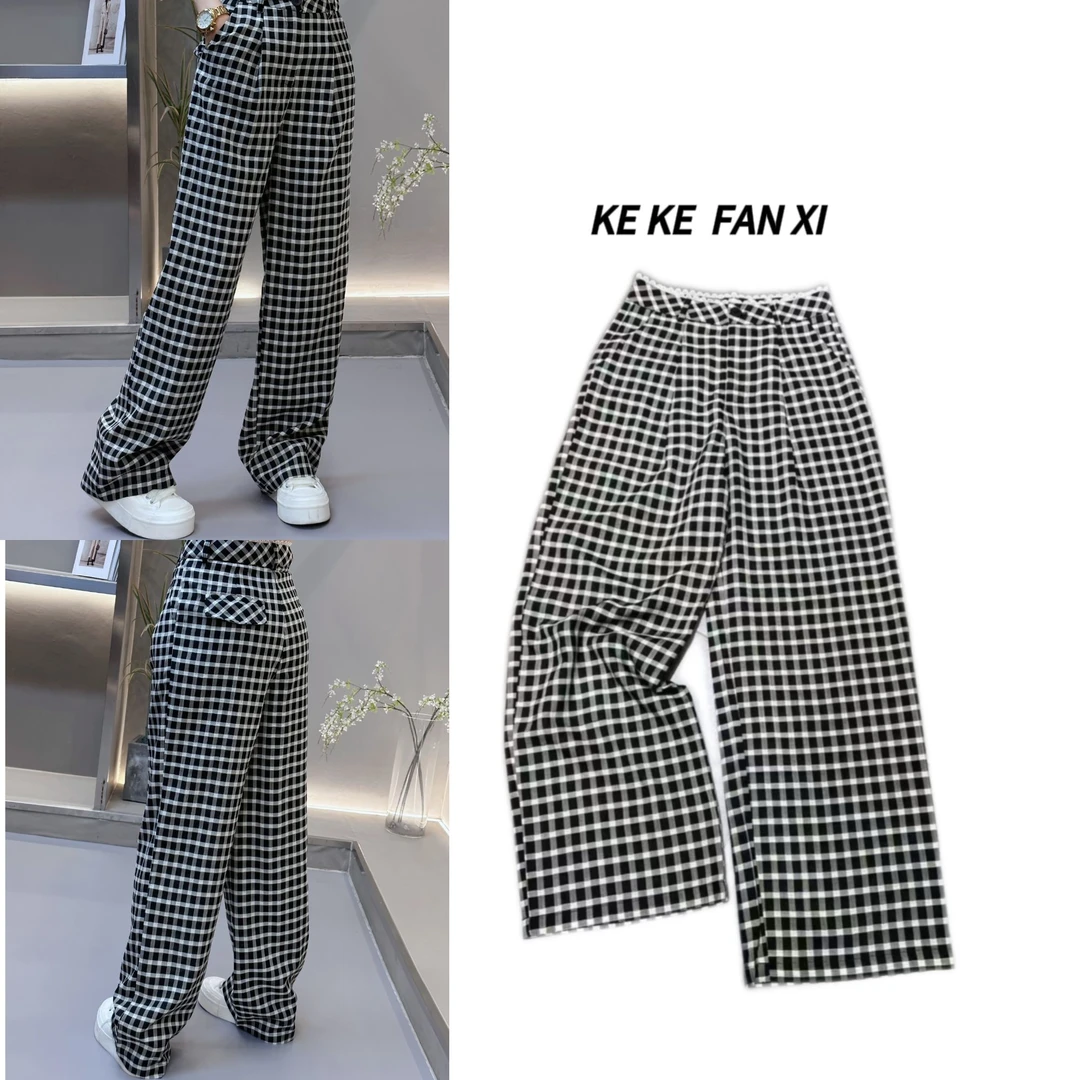 5968蕾丝腰头格子直筒裤显瘦休闲夏季时尚宽松格子裤