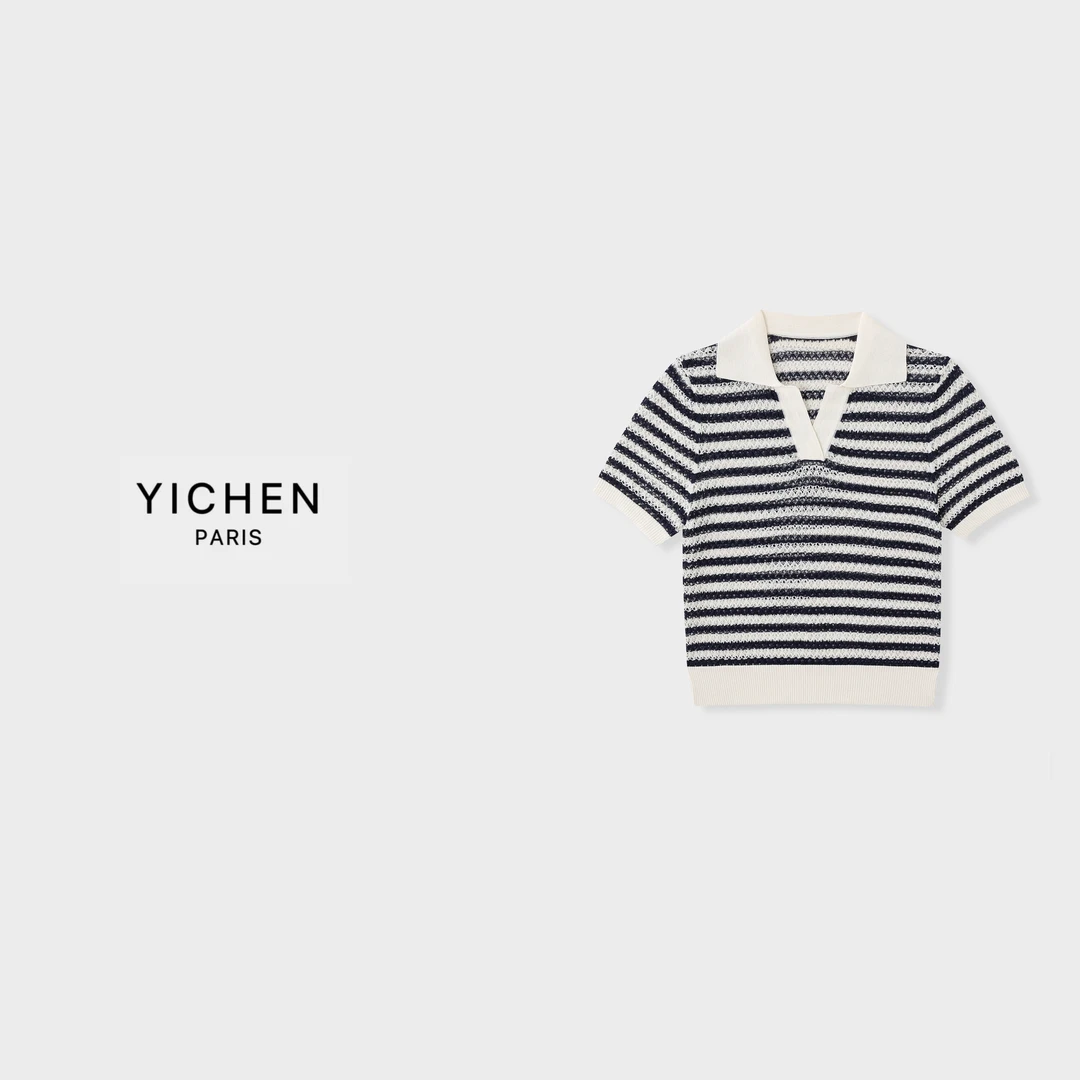 YC 重工藏蓝镂空条纹小翻领百搭针织短袖-2747