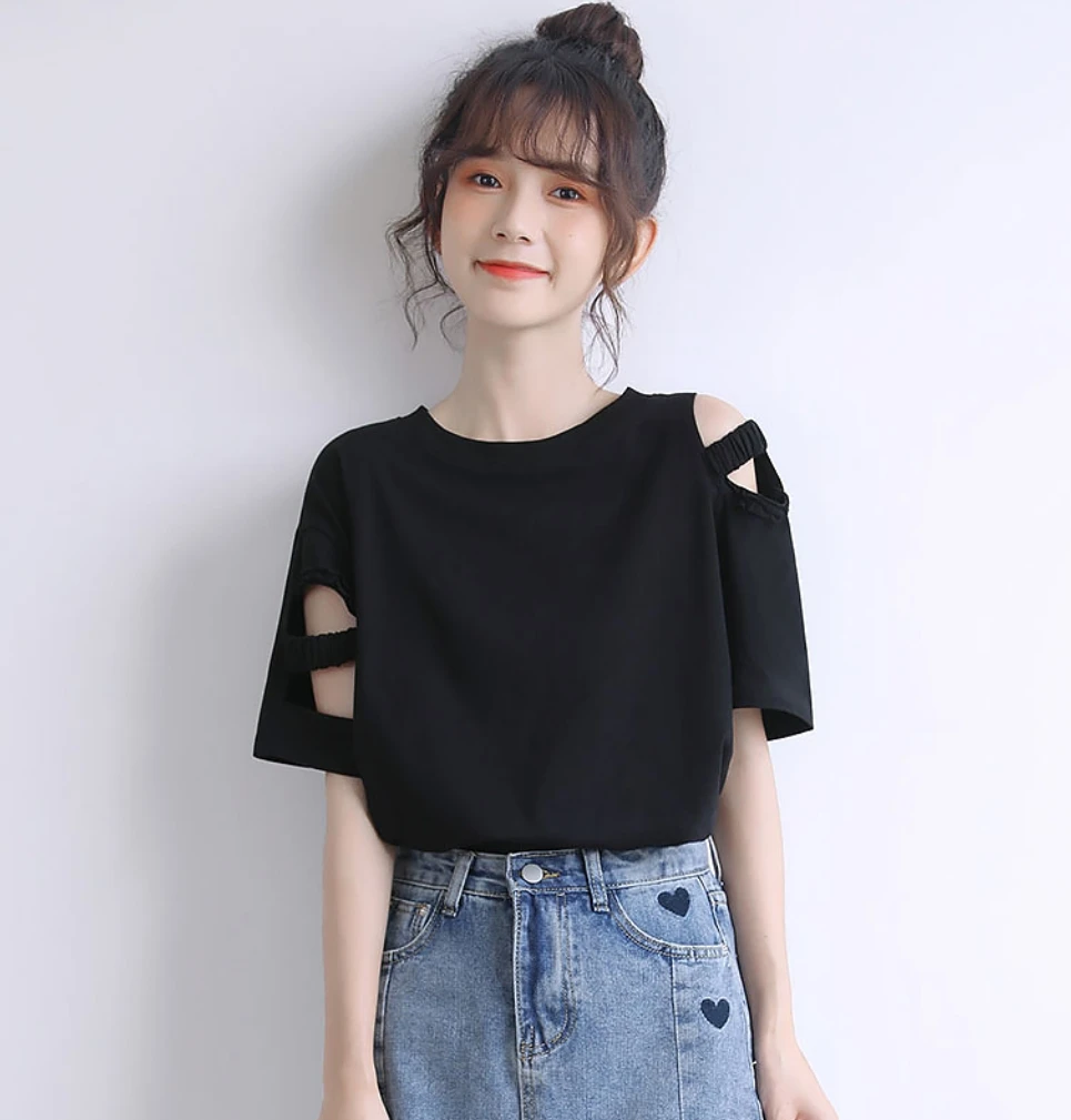 欧货黑色镂空露肩短袖t恤女印花夏新款宽松棉质薄款设计感上衣潮