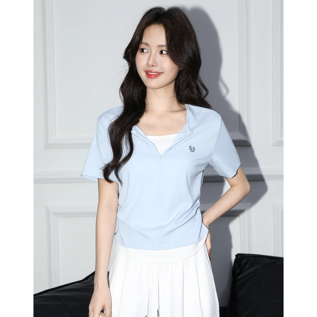 蓝色假两件V领短袖T恤女夏2025夏季新款半拉链褶皱显瘦体恤短上衣