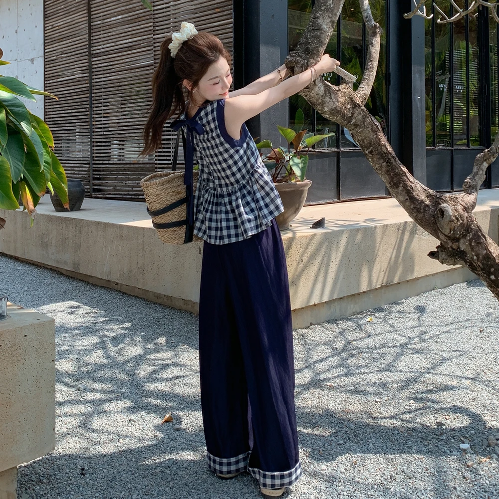 慵懒风格子无袖背心阔腿裤套装女夏2025新款两件套韩系高级不撞款