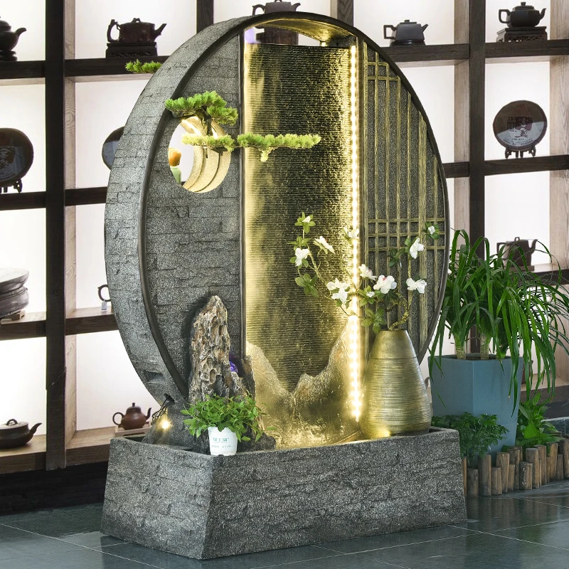 双面圆形水幕墙流水摆件客厅落地循环水景装饰茶楼景观屏风背景墙