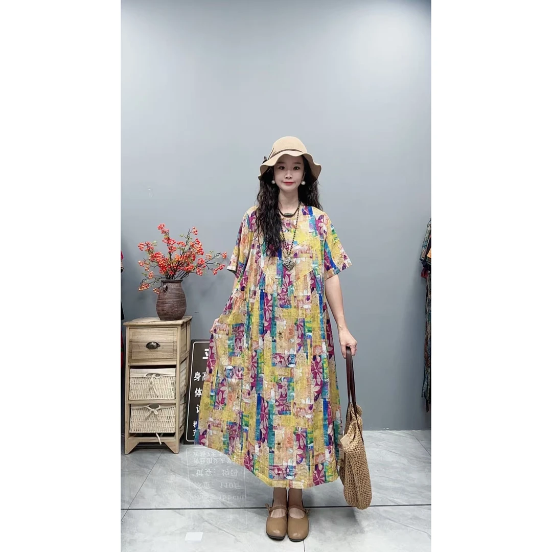 5307夏季新款清凉气质时尚复古遮肚宽松女显瘦百搭圆领休闲连衣裙