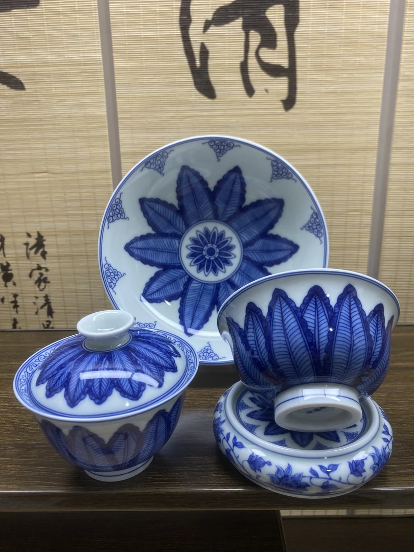 景德镇陶瓷高温釉下彩高档功夫茶具芭蕉叶4件套组