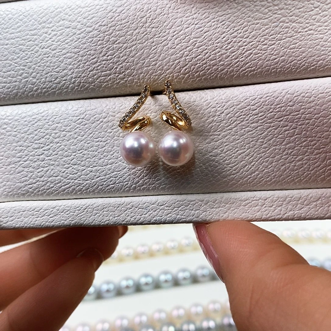 海水珍珠银S925镶嵌耳饰7-7.5mm日本海水珍珠耳钉（天女品质）