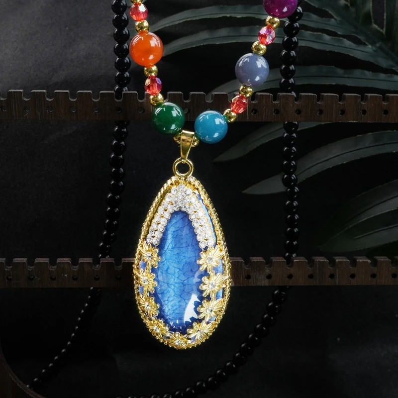 铜合金项链 百搭蓝色链子饰品彩色民族风气质镶嵌项链配饰2212