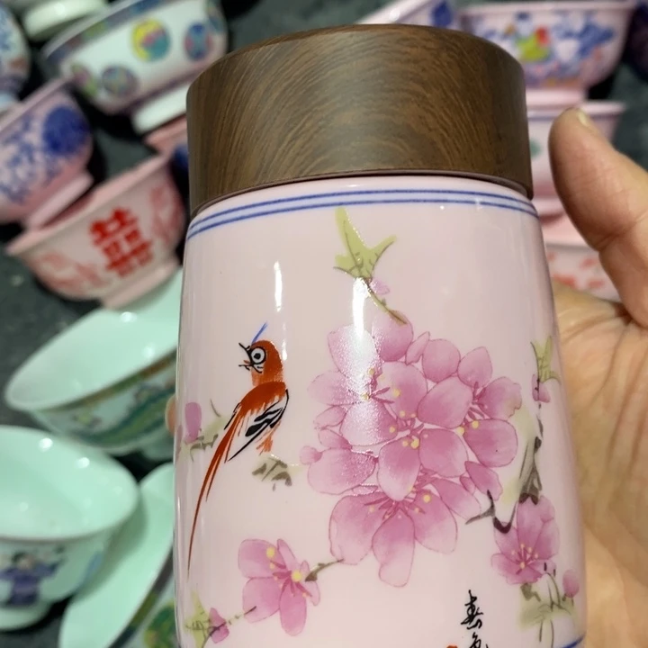 摆件瓷红稀土桃花保温杯
