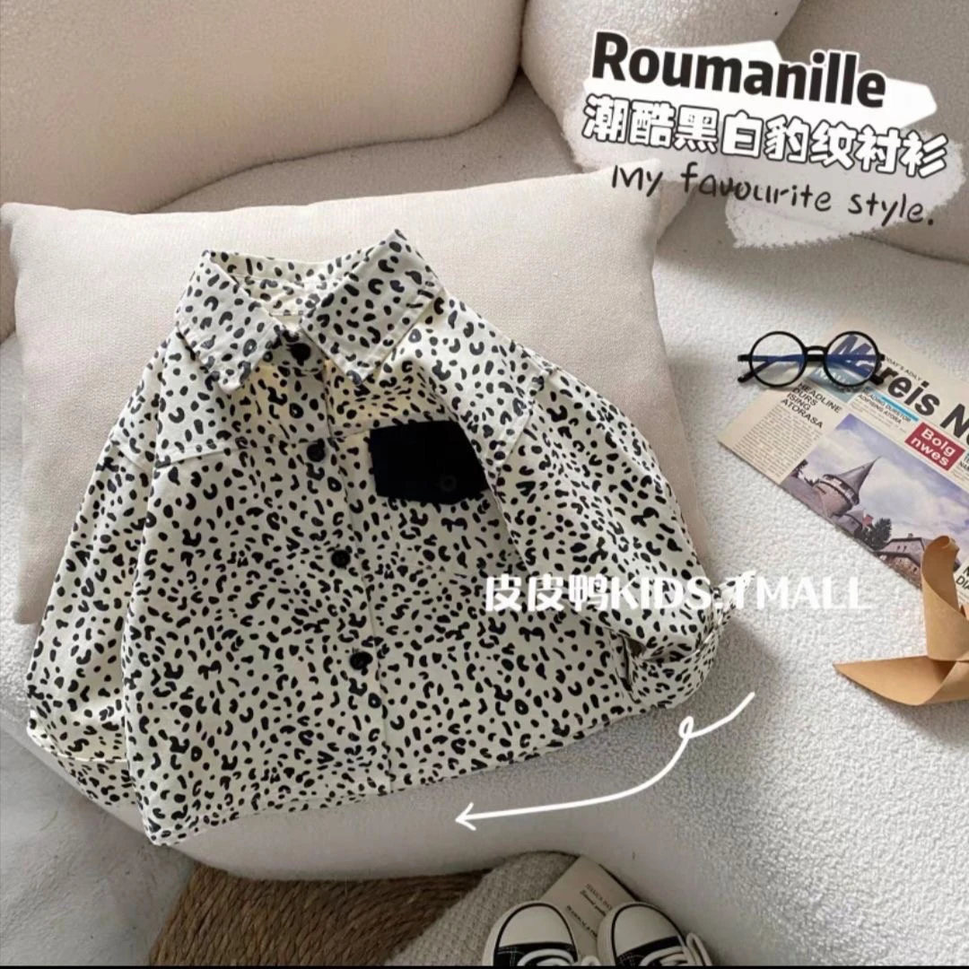 童装2025新款韩版春装男童衬衫长袖儿童衬衣宝宝豹纹上衣男孩外套