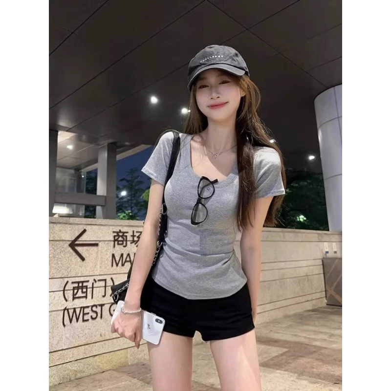 灰色U领正肩短袖T恤女2025新款夏季薄款辣妹修身独特漂亮掐腰上衣