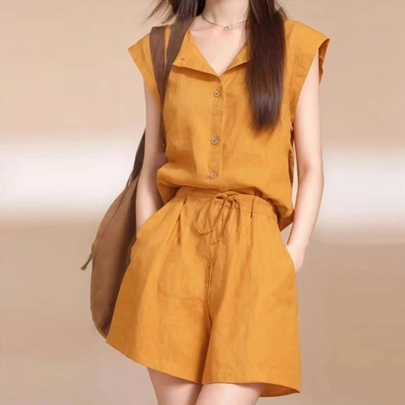 夏季穿搭一整套2025巨好看韩系老钱风多巴胺亚麻无袖衬衫短裤套装