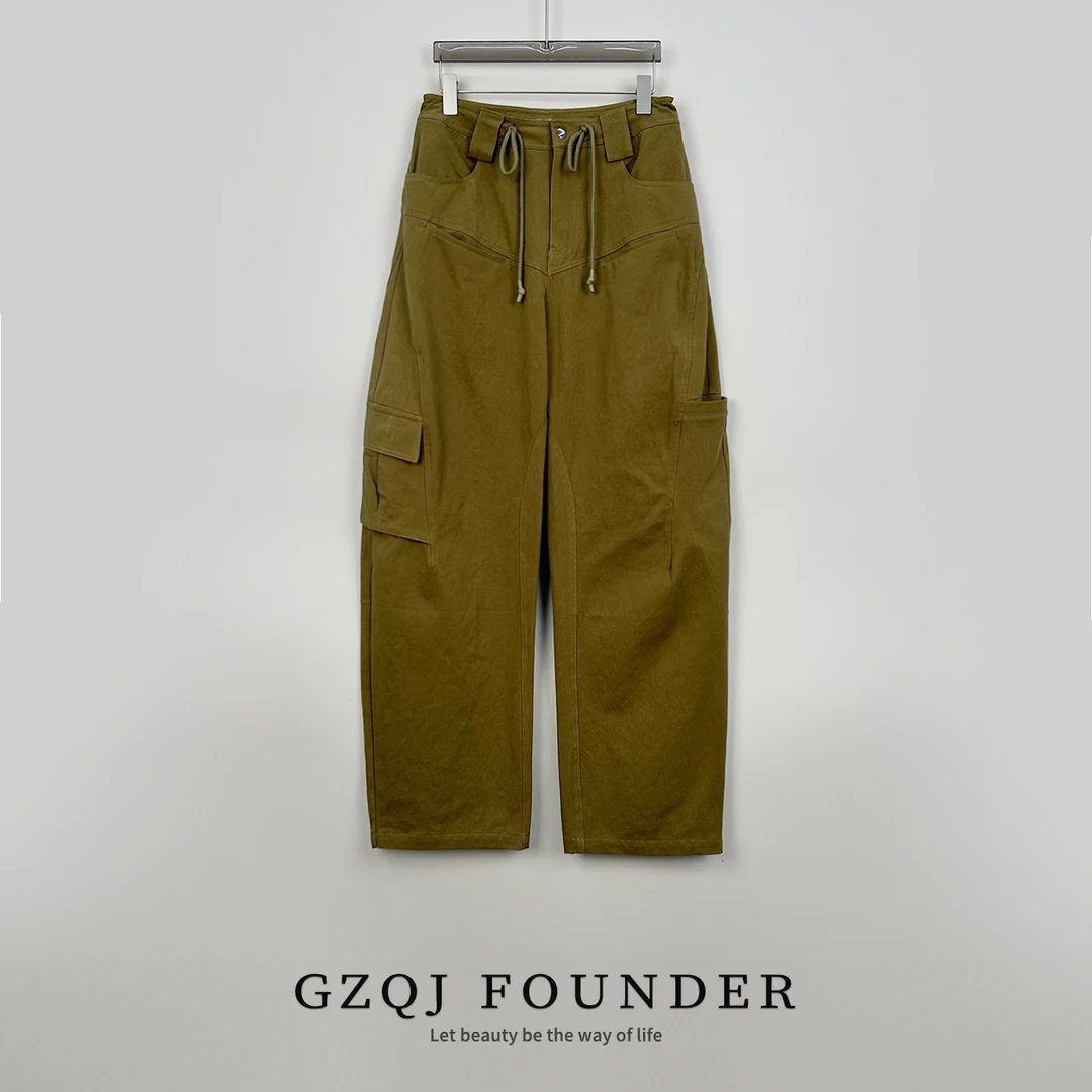 GZQJ【美式复古】抽绳高腰休闲百搭宽松阔腿工装裤3568