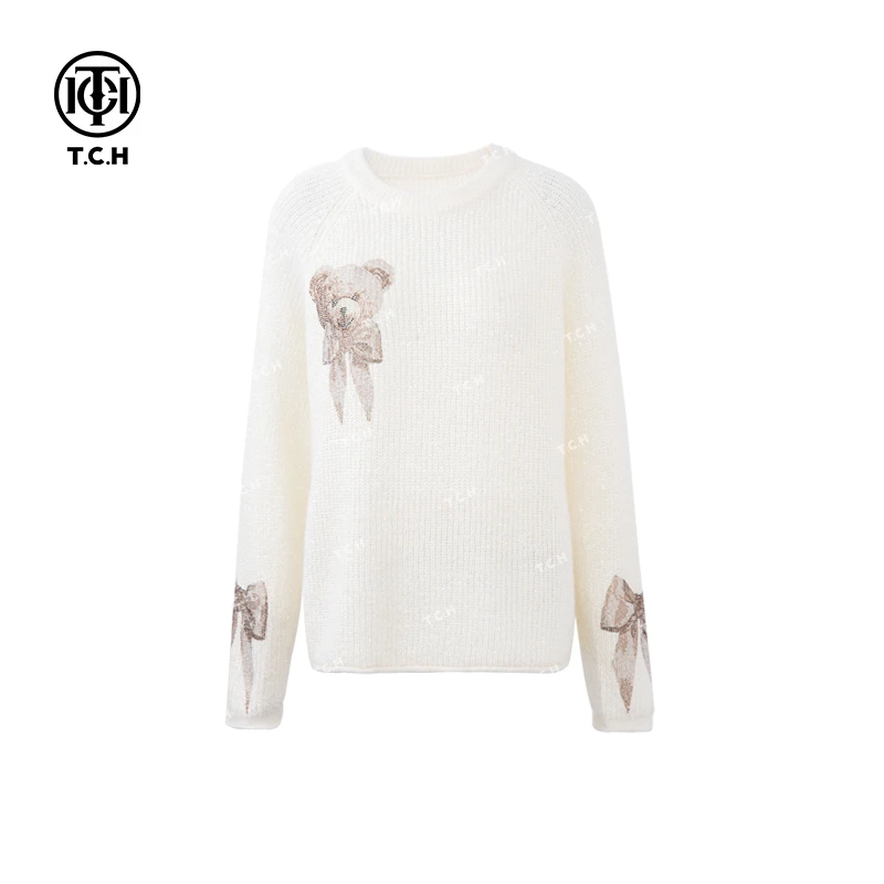 TCH服饰店播-潮牌轻奢2025新款白色长袖小熊针织衫女T72C09E5078