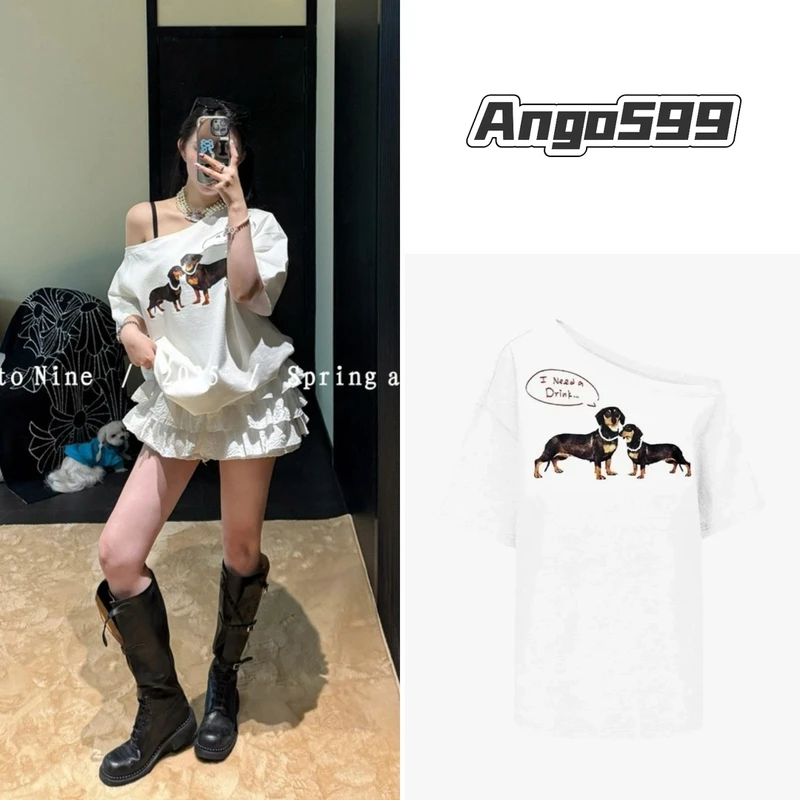 渴了小狗* 小众设计腊肠狗立体珍珠装饰斜开肩时尚短袖T恤