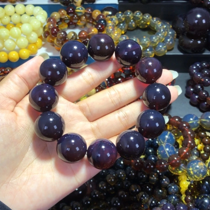 琥珀未镶嵌手链收藏级黑加仑帝王紫满紫杉醇紫罗兰大手串