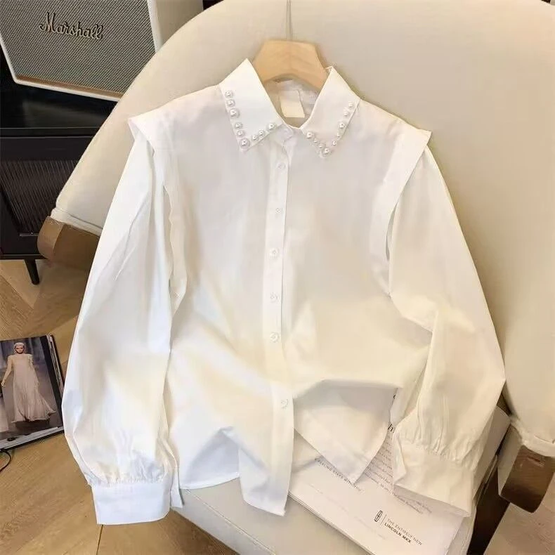 白色POLO翻领长袖衬衫女2025春季新款设计感小众宽松上衣气质衬衣