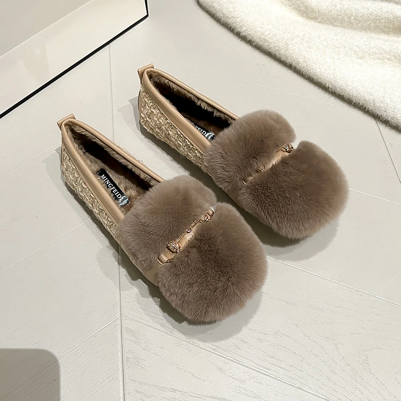 法式平底毛毛鞋女秋冬外穿新款加绒一脚蹬保暖孕妇豆豆鞋大码女鞋