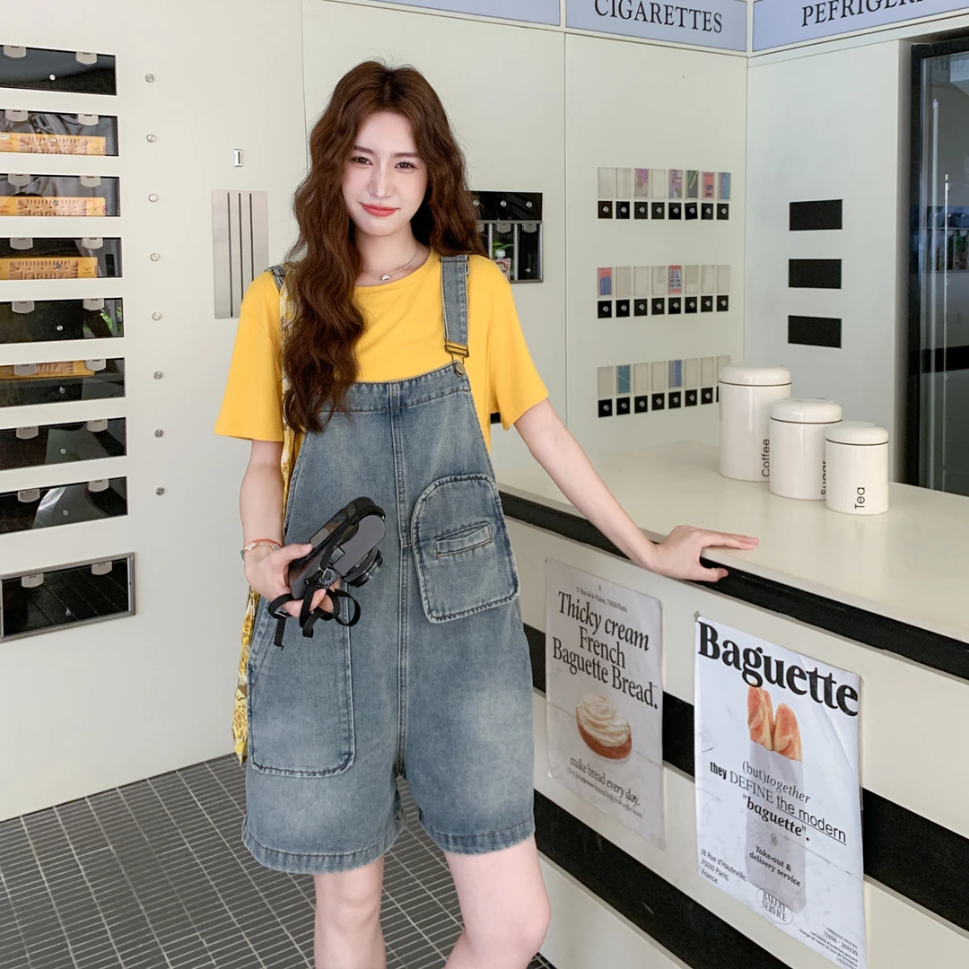 美式甜酷复古牛仔背带短裤T恤套装女2025夏薄款小个子休闲阔腿裤