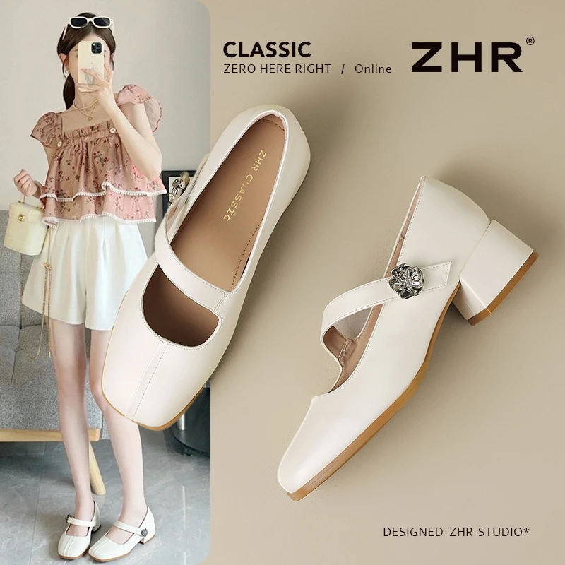 ZHR玛丽珍女鞋2025夏季新款法式方头金属增高单鞋中粗跟包头凉鞋