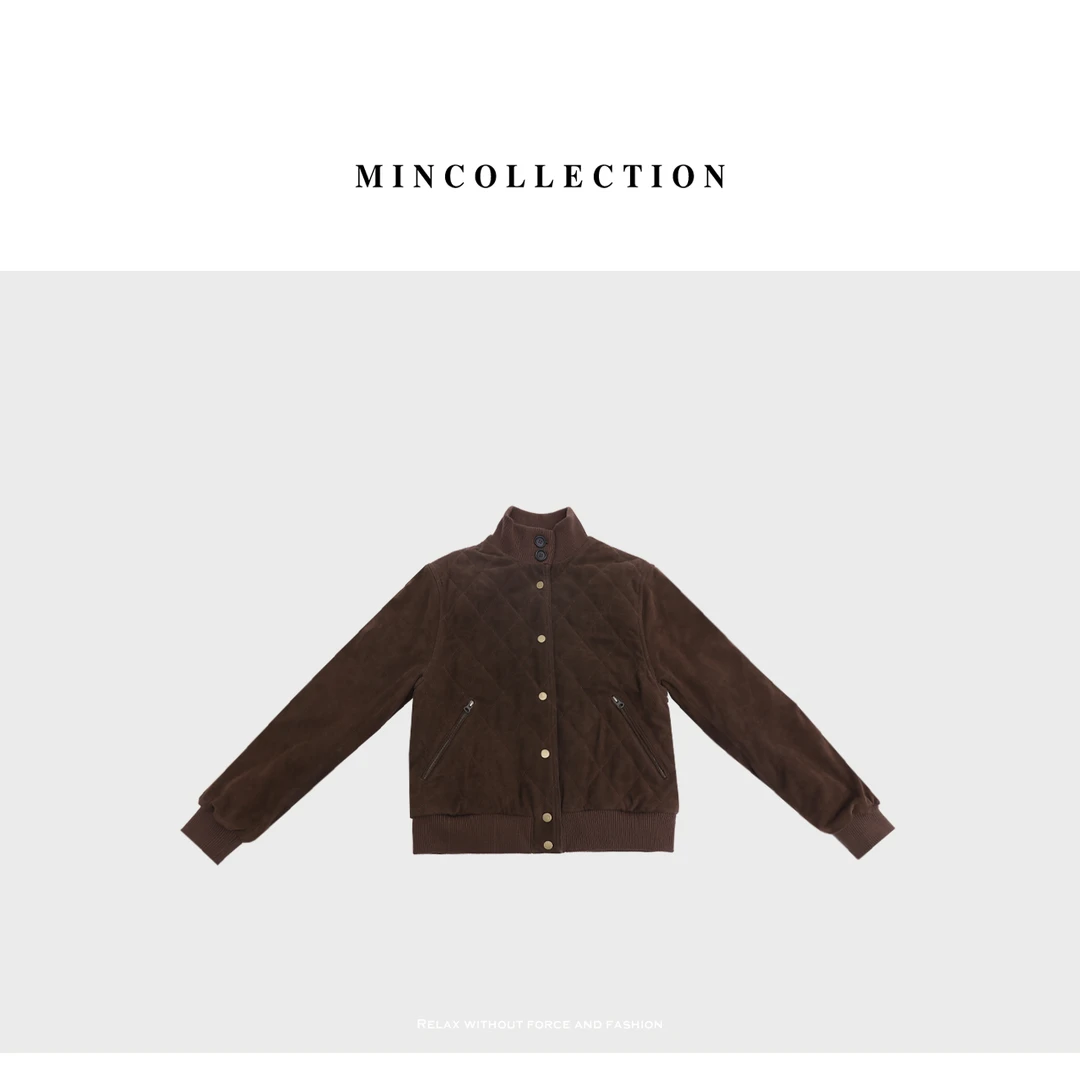 DE Mincollection菱格绒面外套/复古反绒绵羊皮立领棉服外套24650