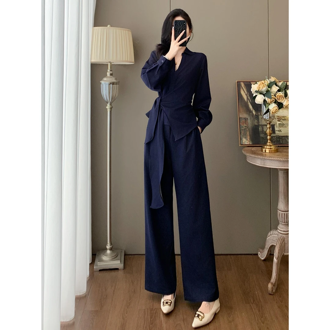 高级感大方得体穿搭一整套小众V领系带衬衫高腰阔腿裤秋装两件套