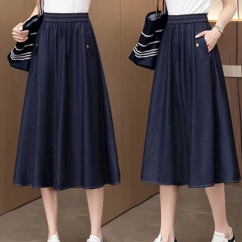 麻感牛仔裙长裙A字型薄款高腰半身裙伞裙设计感复古大摆气质25031