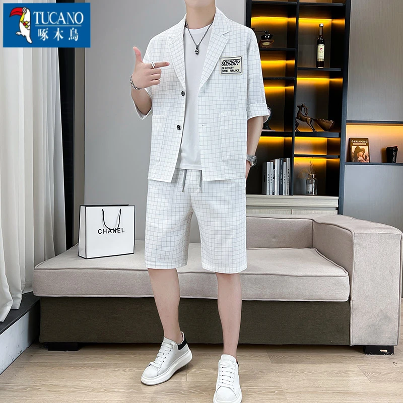 西服套装男士韩版修身时尚新品2025五分短裤百搭休闲两件套小西装