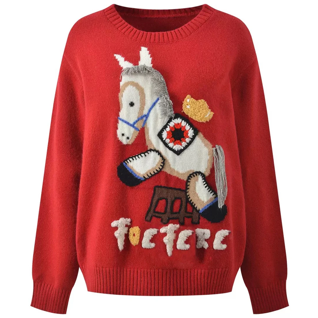 2026新款马年本命年马上有钱红色毛衣女秋冬新款宽松慵懒风针织衫