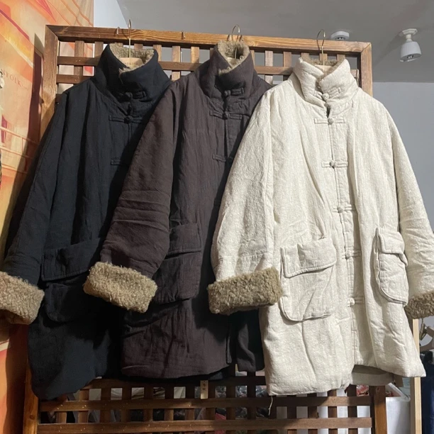 冬季复古亚麻盘扣毛领中长款棉衣外套新款