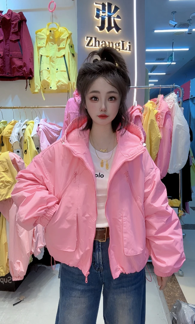 短款抽绳连帽冲锋衣外套女2025春秋二棉韩版洋气百搭爆款休闲夹克