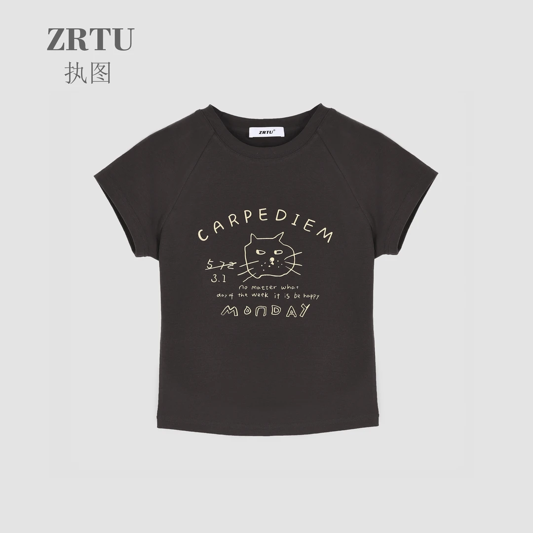 ZRTU/执图2025新款短袖短款猫咪印花T恤