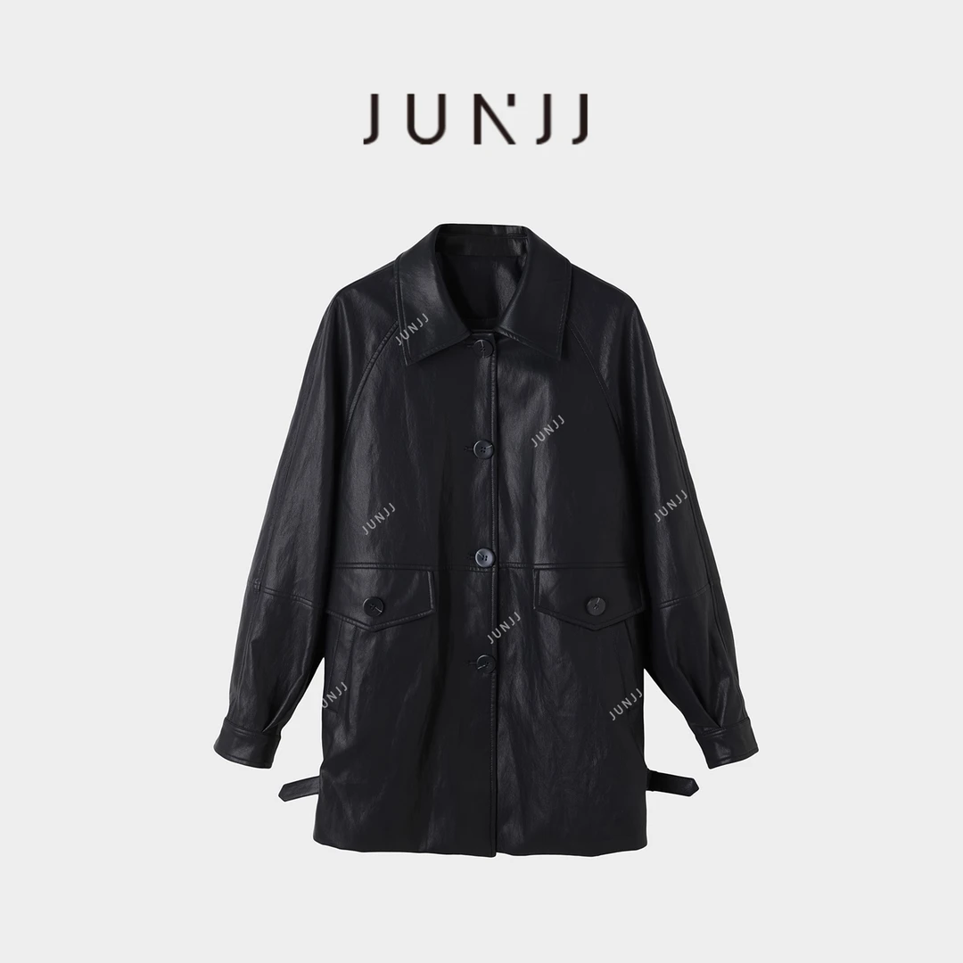 杰瑞【机车日记】秋季新款复古翻领黑色环保pu皮衣机车服夹克外套女