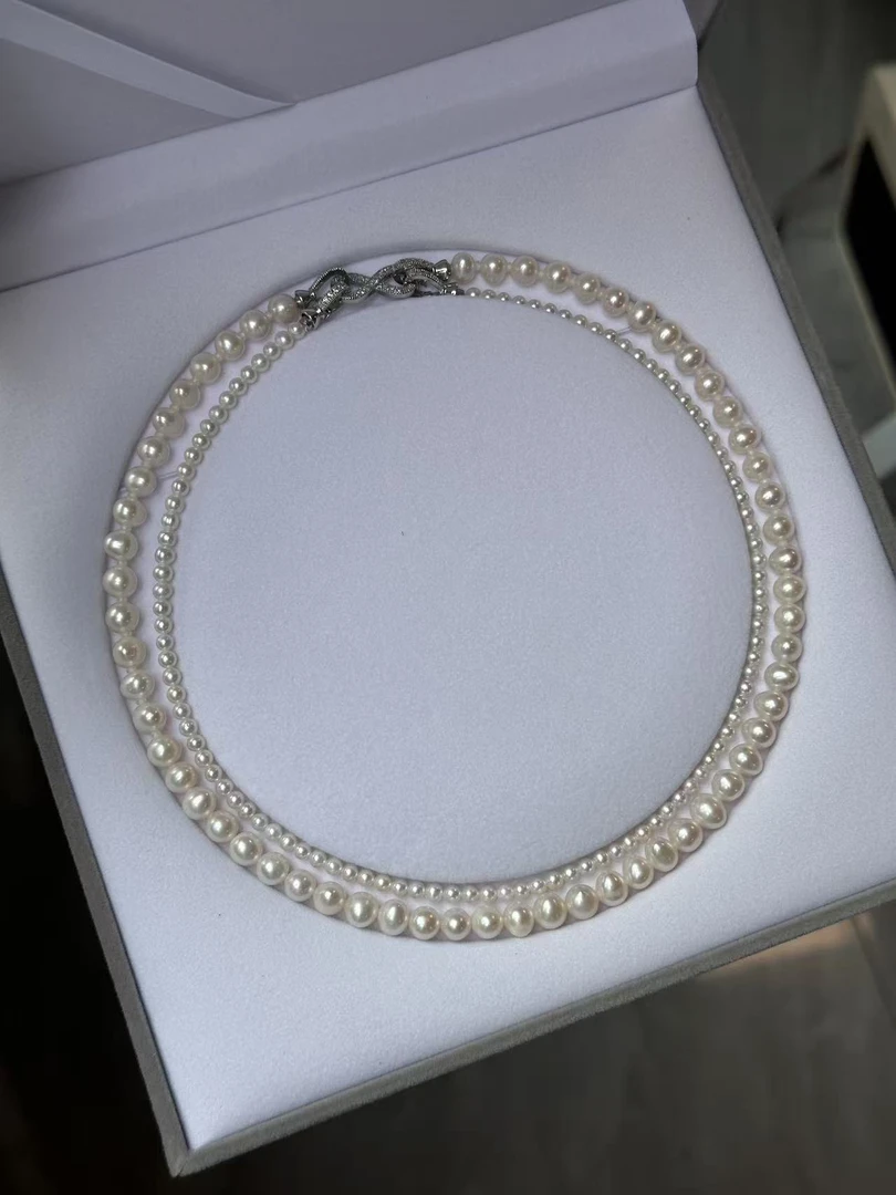 【皓白珠宝】天然淡水双层链3 - 4mm 6 - 7mm珍珠