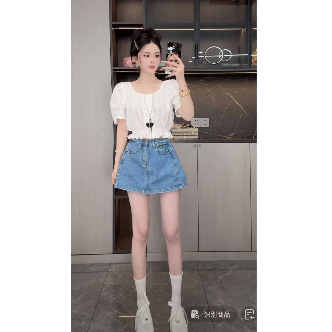 曼曼【C位长腿~】韩版高腰A字宽松牛仔半身裙裤