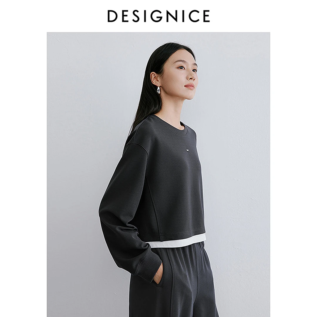 迪赛尼斯春秋通勤宽松气质拼色简约短款长袖圆领卫衣女