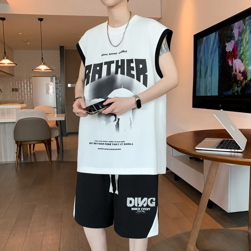 休闲运动套装男夏季潮牌印花短袖t恤男酷帅穿搭无袖坎肩一套搭配
