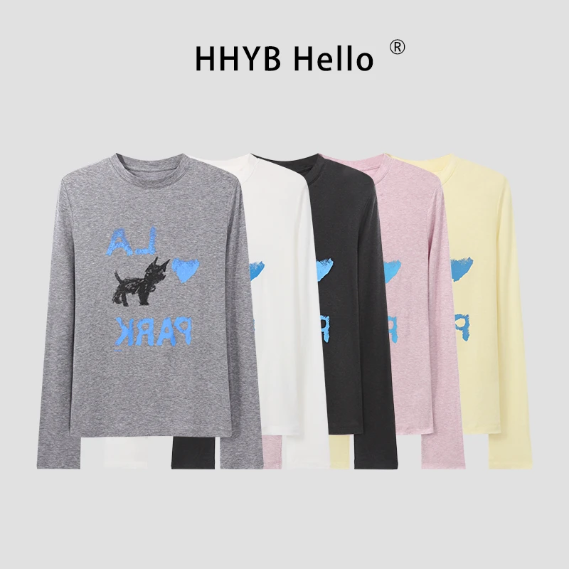 HHYB Hello2025新款卡通印花宽松T恤女防晒宽松长袖打底衫250446