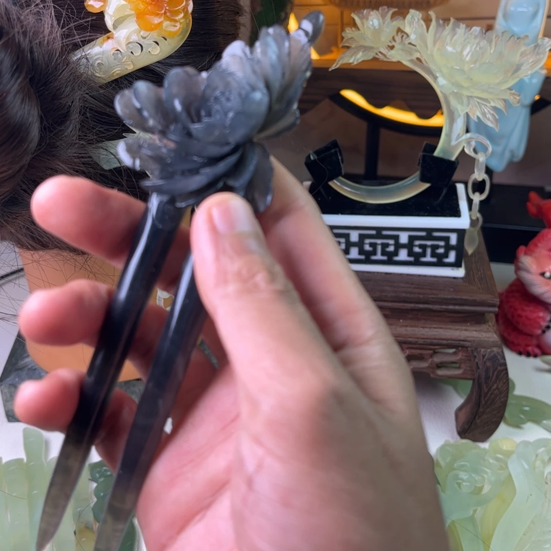 清***心蛇纹石玉未镶嵌发饰