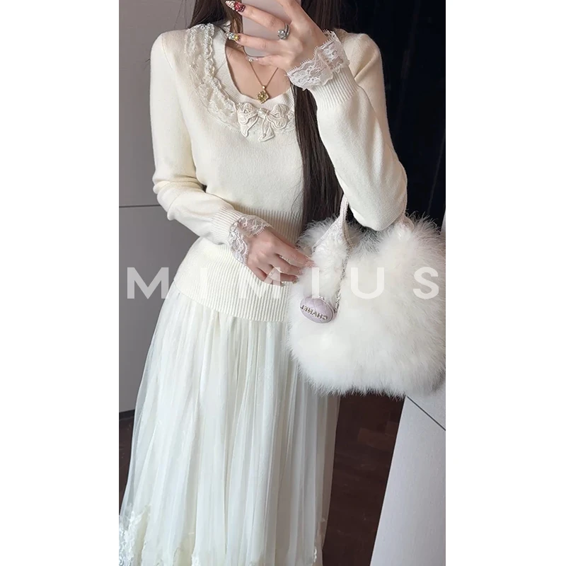 【mimius】U 羊毛蕾丝拼接小蝴蝶结针织上衣 汉服 WG12099