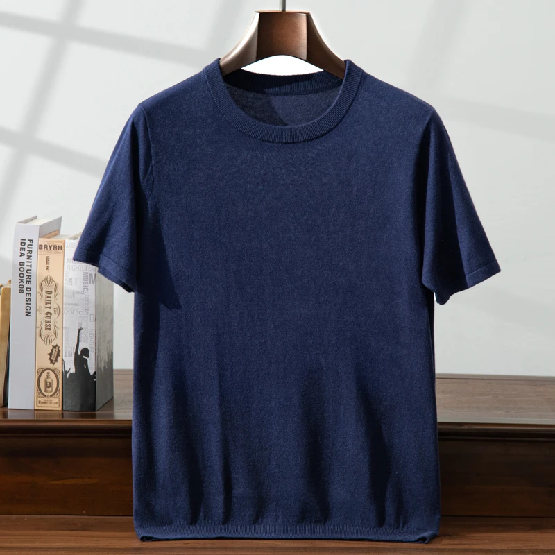 夏季新款桑蚕丝短袖T恤男士圆领T恤半袖山羊绒上衣商务打底百搭