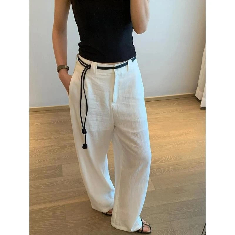 25年新款极简老钱风白色棉麻裤直筒宽松休闲裤高级百搭阔腿裤