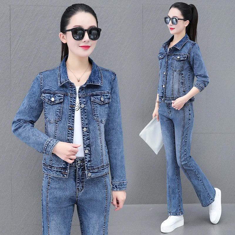 牛仔套装女时尚秋装修身短款夹克显瘦上衣休闲时尚显瘦短款套装