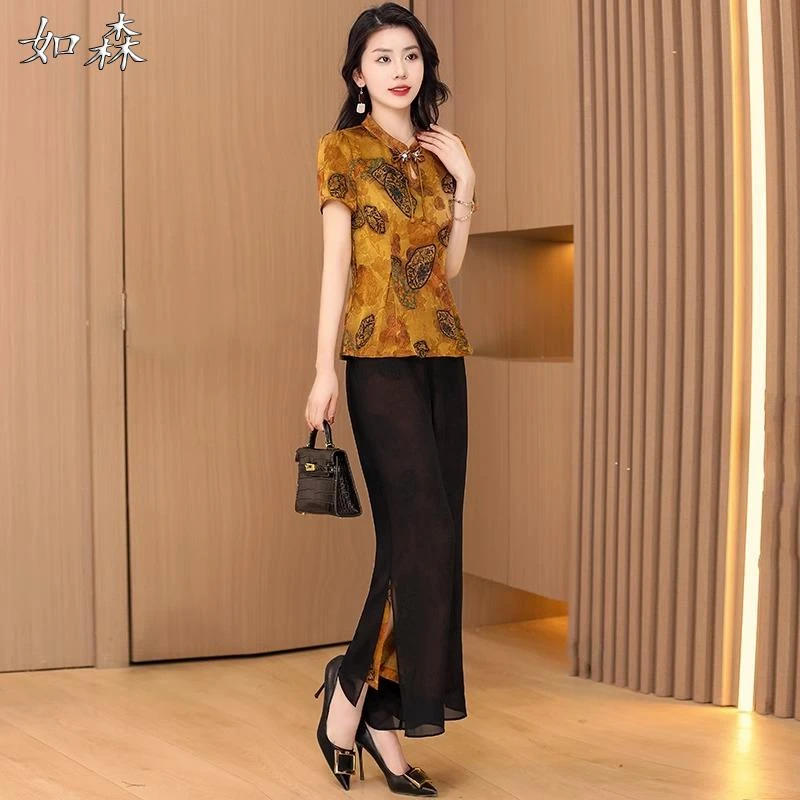 气质高端丝旗袍套装女夏2025新款年轻时尚洋气国风时尚妈妈两件套