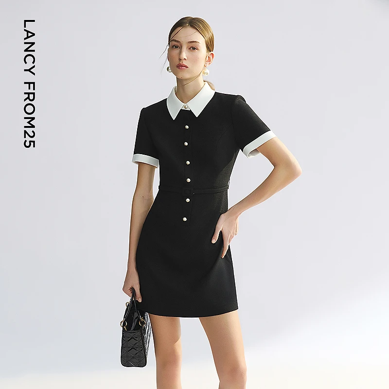 【粉丝福利】朗姿黑白拼接翻领小香风高级感a字连衣裙夏季通勤风裙