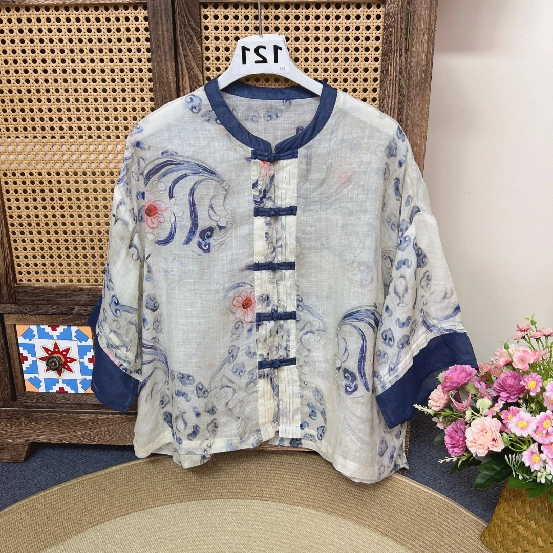 [121拍这里]复古国风刺绣印花苎麻小衫女2025夏新款上衣女休闲风