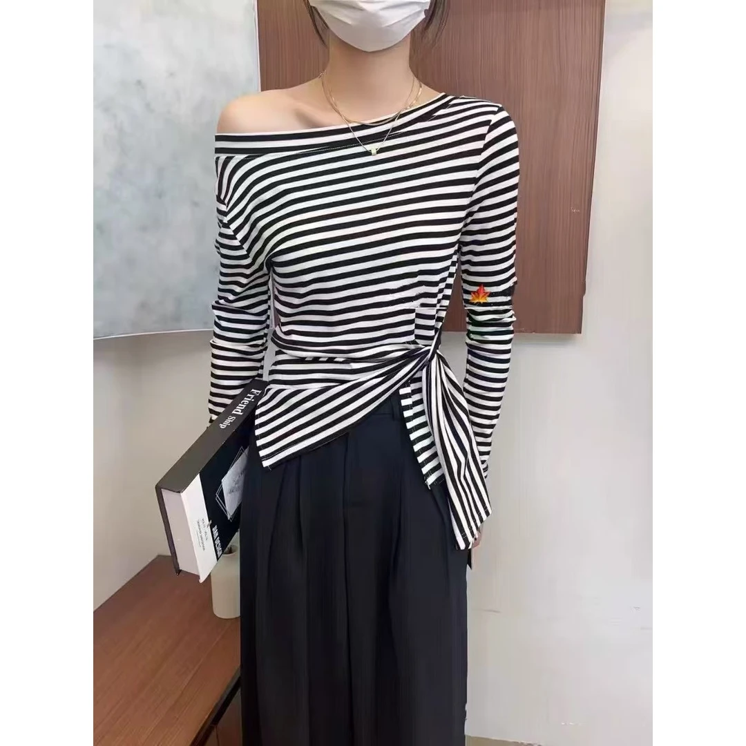 【6运补】韩系下摆不规则开叉收腰设计感显瘦百搭斜肩T+白色圆领