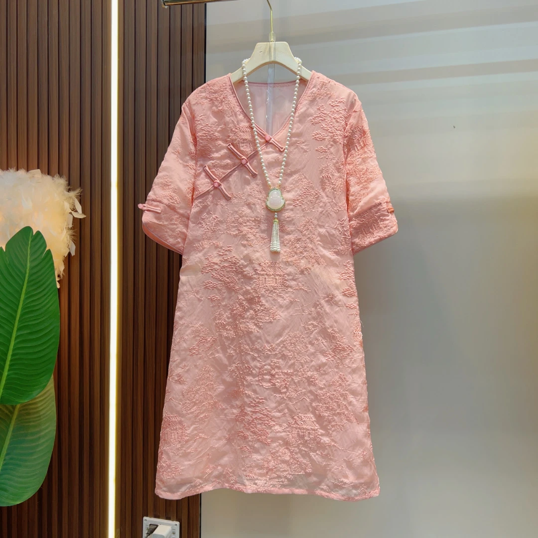 欧洲站新款2025高端女装夏季小香风立体盘花感粉色灯笼袖连衣裙女