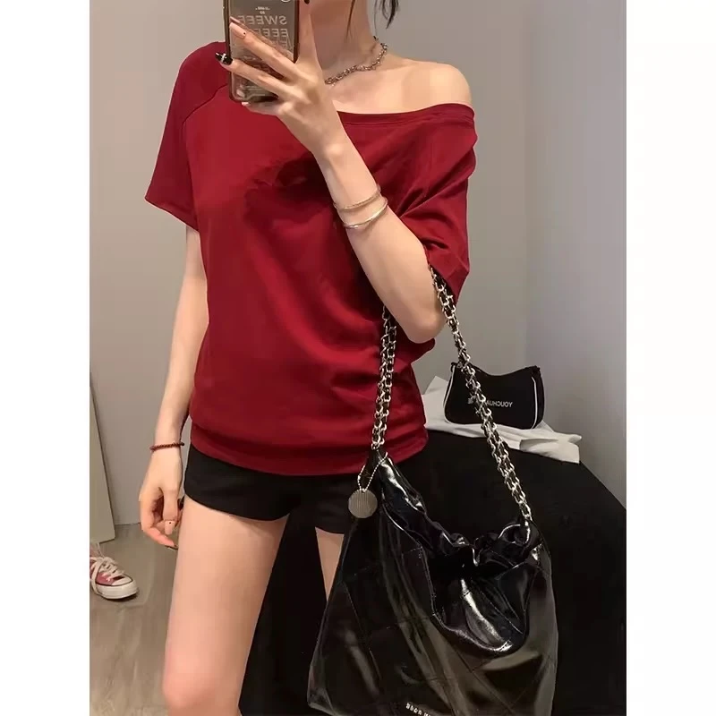 韩版简约时尚一字领斜肩短袖T恤女夏季辣妹内搭宽松打底显瘦上衣